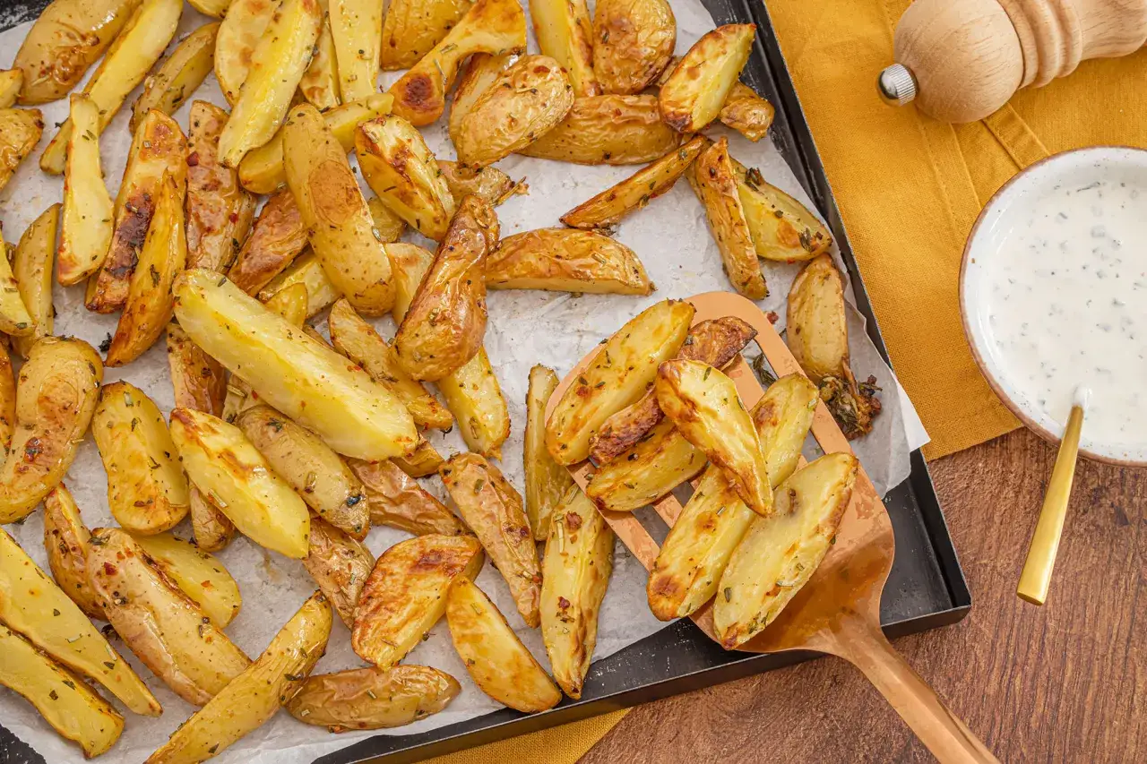 Goldbraune, knusprige kartoffelspalten vom blech, gew&uuml;rzt mit Kr&auml;utern, liegen bereit zum Dippen in einer cremigen Sauce.
