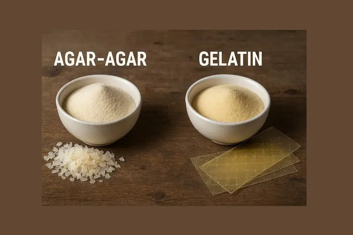 Zwei Schalen mit Pulver: links Agar-Agar, rechts Gelatine. Daneben liegen Agar-Agar-Flocken und Gelatinebl&auml;tter.