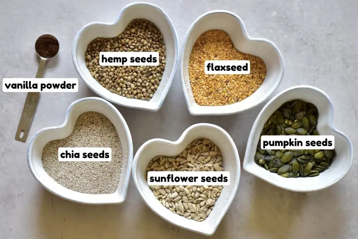 Zutaten f&uuml;r selbstgemachtes Proteinpulver: Hanfsamen, Leinsamen, Chiasamen, Sonnenblumenkerne, K&uuml;rbiskerne und Vanillepulver.