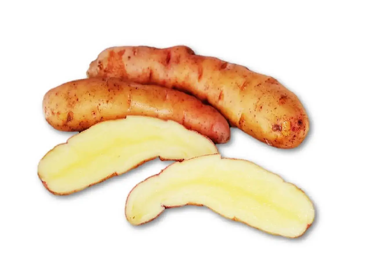 Zwei l&auml;ngliche Kartoffeln, eine davon l&auml;ngs halbiert, zeigen ihr hellgelbes Inneres. Ein Steckbrief f&uuml;r die Kartoffel.