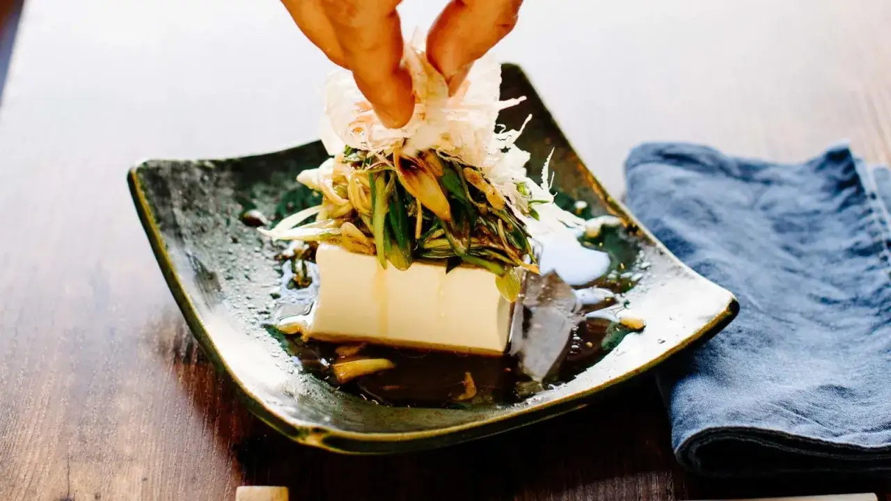 Ein St&uuml;ck seidentofu, garniert mit Fr&uuml;hlingszwiebeln und Bonitoflocken. So einfach kann seidentofu selber machen sein!
