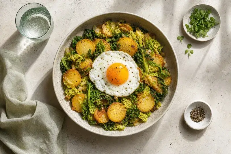 Herzhaftes Gericht mit goldbraunen kartoffelk&uuml;chlein aus gekochten kartoffeln, Gr&uuml;nkohl und einem Spiegelei.