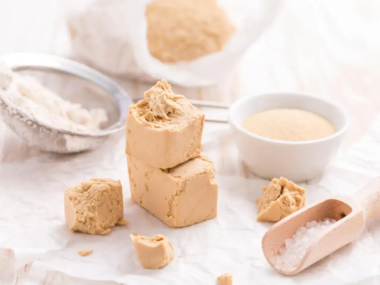 Frische Hefe und Trockenhefe sind zu sehen. Wenn du wissen willst, was man statt Hefe nehmen kann, schau dir die Zutaten für dein Rezept an.