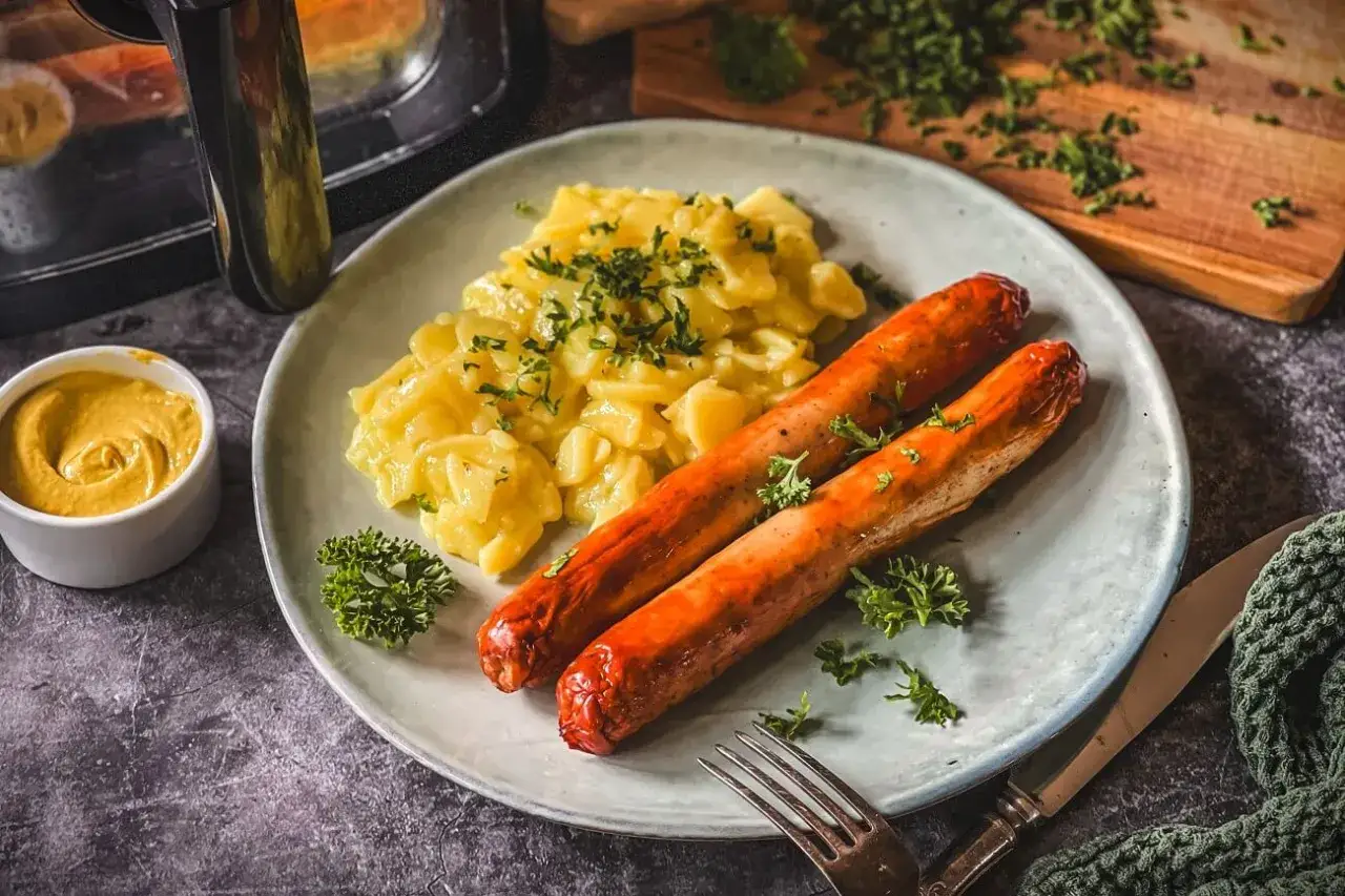 Zwei goldbraune Bratw&uuml;rste im Backofen gegart, serviert mit Kartoffelsalat und Senf. Ein deftiges Gericht, das Appetit macht.