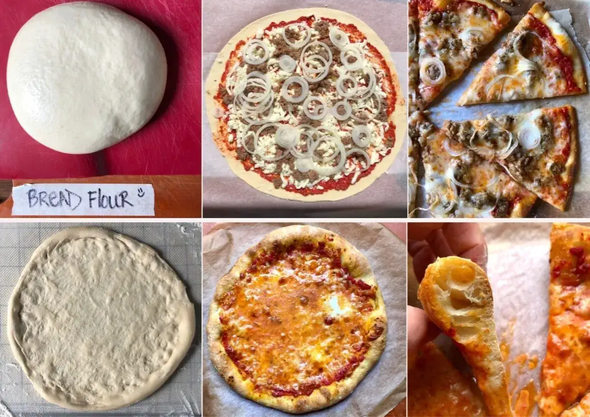 Teig aus Pizzamehl wird zu einer Pizza geformt, belegt und gebacken. Man kann mit Pizzamehl Kuchen backen, aber hier wird Pizza gemacht.