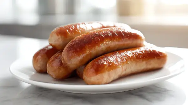 Saftige bratwurst im backofen, goldbraun gebraten auf einem weißen Teller.